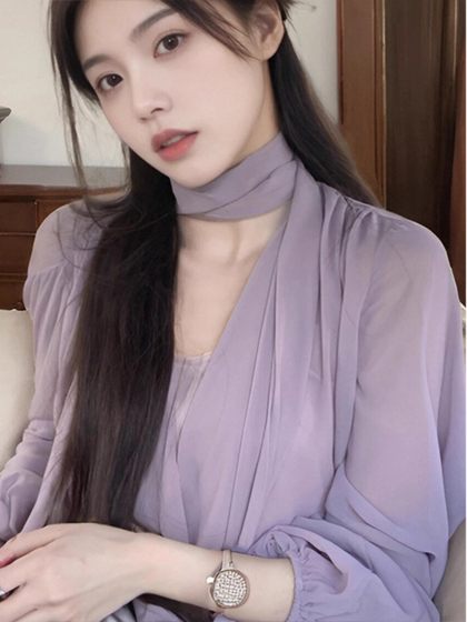 紫色衬衫女2025早春新款薄纱外穿别致独特漂亮法式绝美雪纺小上衣