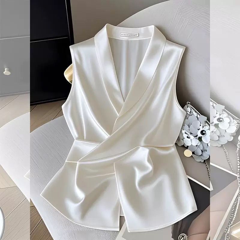 Elegant Satin Waist-Cinching Sleeveless Shirt for Women, 2025 Summer New Design with Cross-Tie Fashion Tank Top
