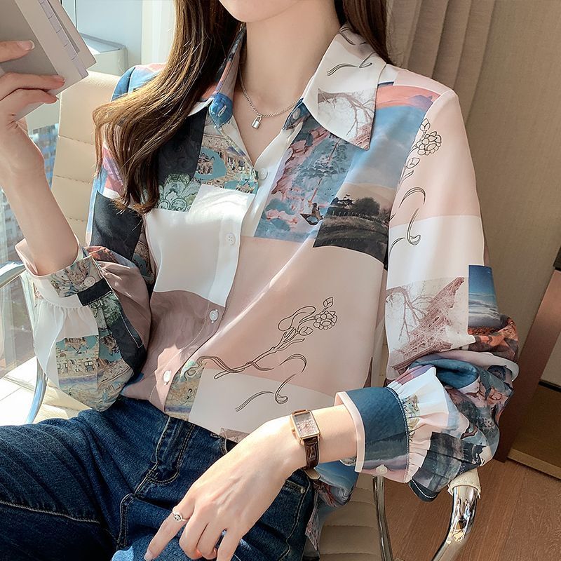 Retro Hong Kong Style Shirt for Women, Niche Floral Shirt, 2025 Spring New Style, Korean Style Long-Sleeved Loose Top
