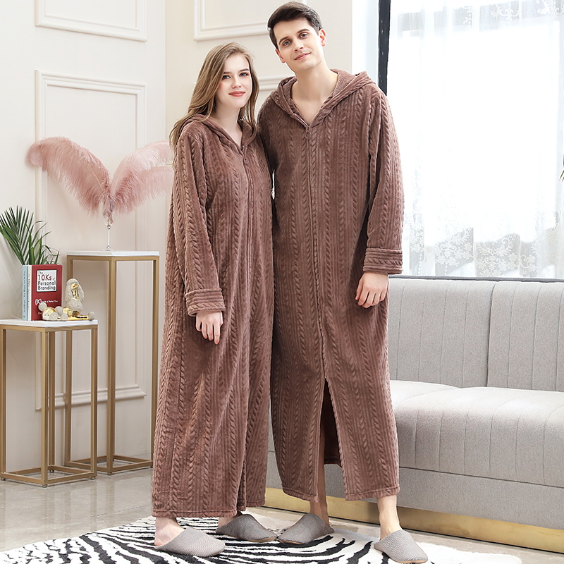 Autumn and Winter Couple's Hooded Coral Fleece Robe for Women, Thickened and Lengthened, Men's Flannel Bathrobe, Plus Size Pajamas