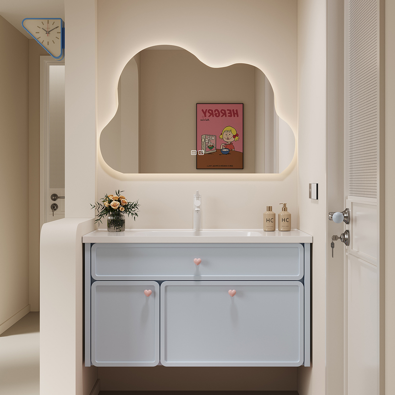 Dopamine Blue Cream-Style Solid Wood Lacquered Bathroom Cabinet Set with Integrated Ceramic Basin for Washing and Grooming in the Bathroom Dopamine Blue Cream-Style Solid Wood Lacquered Bathroom Cabinet Set with Integrated Ceramic Basin for Washing and Grooming in the Bathroom