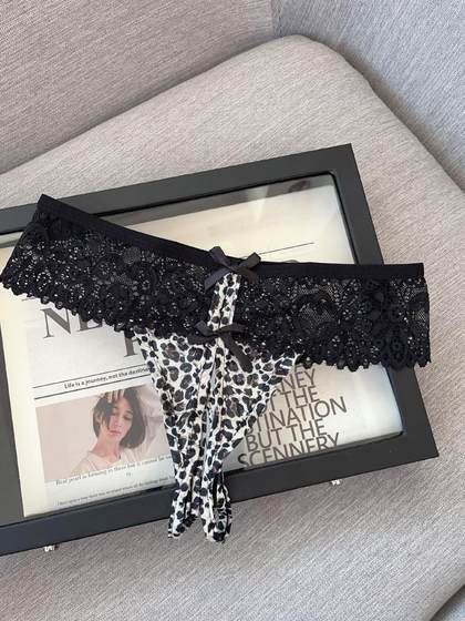 欧美诱惑豹纹性感丁字裤低腰免脱开口T裤冰丝纯欲风约会内裤女人