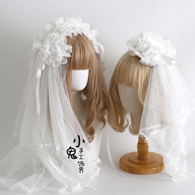 Original white light shadow Lolita hair accessory, hairpin, flower ball, bow, lace, dark red hair band, headband, and luxurious veil