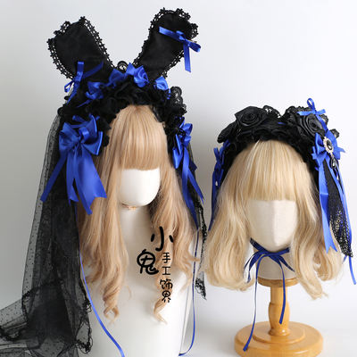 Original lolita Klein blue Lolita hair accessory, Gothic black and blue flat cap hair band, cat and rabbit ear hair band