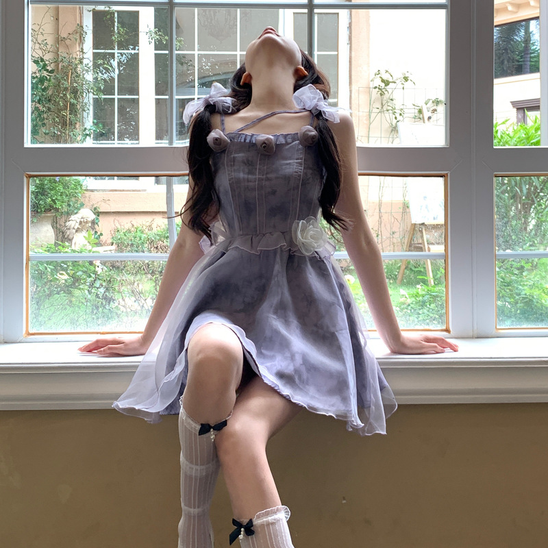 French-Style First Love, Beautiful and Girly Purple Spaghetti Strap Dress for Women, Summer Petite Waist-Cinching Slimming Fairy Short Dress