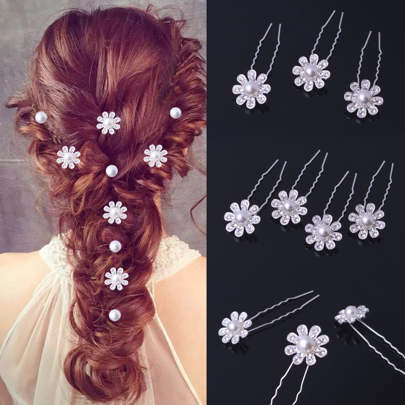 Mũ kẹp tóc hình chữ U kẹp ngọc hoa rhinestone pin tóc ngã ba tóc phụ kiện tóc phụ kiện tóc bộ dây buộc tóc cho bé gái