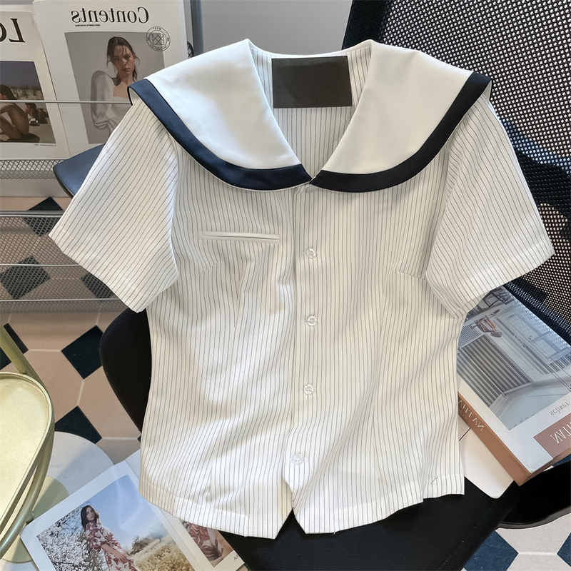 Japanese Retro Sailor Collar Jk Uniform Short-Sleeved Shirt for Men and Women, Unique and Beautiful Striped Short Waist-Cinching Top for Summer Japanese Retro Sailor Collar Jk Uniform Short-Sleeved Shirt for Men and Women, Unique and Beautiful Striped Short Waist-Cinching Top for Summer