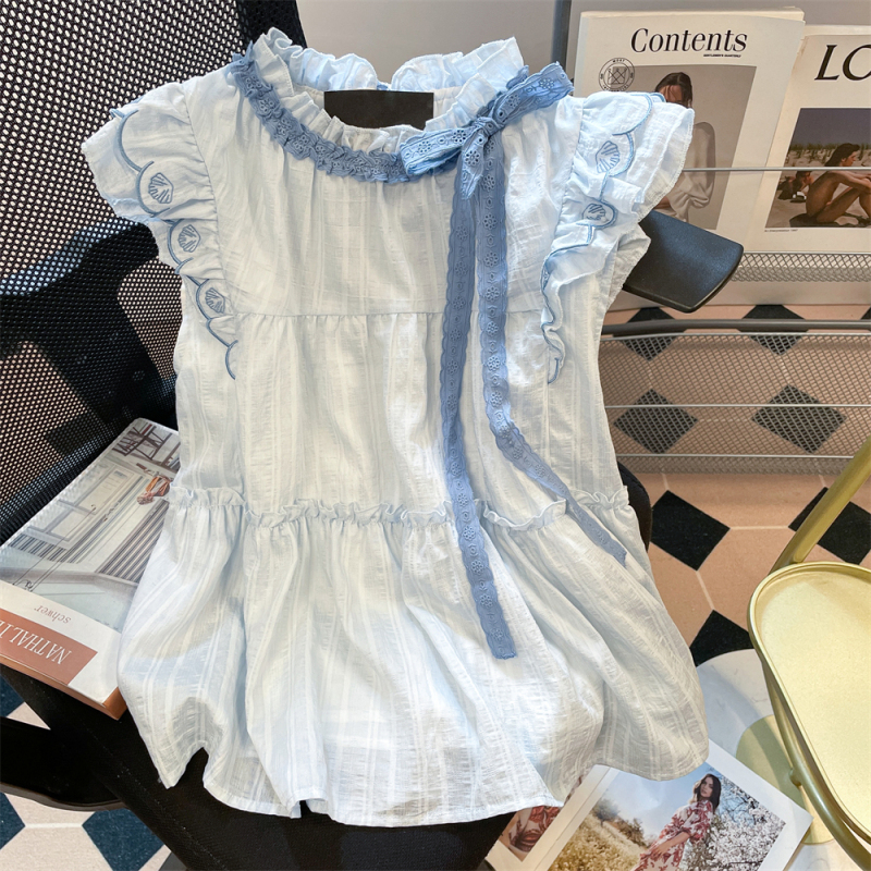 Korean Chic Unique Sweet Lace-Up Bow Top for Men and Women, Summer Regular Shoulder Unique Beautiful Flutter Sleeve Shirt Korean Chic Unique Sweet Lace-Up Bow Top for Men and Women, Summer Regular Shoulder Unique Beautiful Flutter Sleeve Shirt