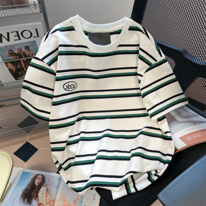 Japanese Retro ins Hong Kong Style Striped Color-Block Short-Sleeve T-Shirt for Men and Women, Summer Trendy Brand American Oversize Couple Tops