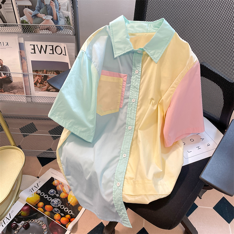 Niche High-End Vintage Color-Blocked Short-Sleeve Shirt for Men and Women, Summer Loose and Unique Bf Style Half-Sleeve Shirt