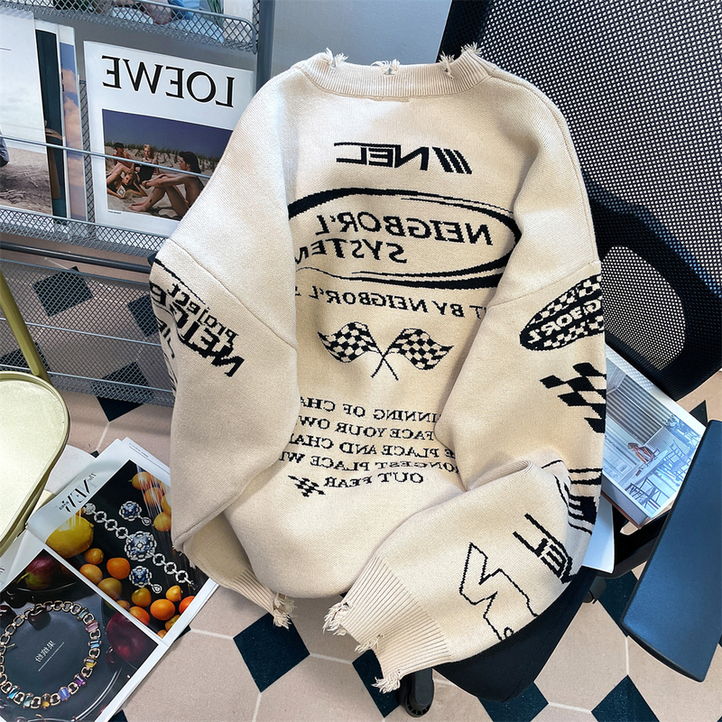 American High Street Retro Oversized Racing Suit Sweater for Men and Women, Autumn and Winter Bf Lazy Style Ripped Knit Sweater Jacket