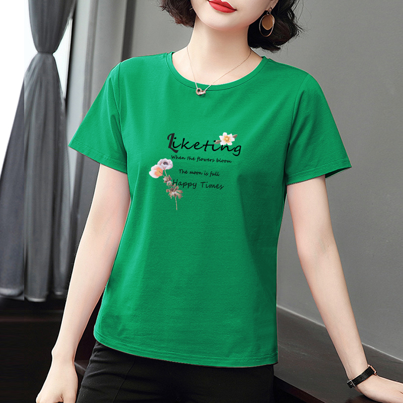 Summer Clothing for Middle-Aged and Elderly Mothers, Pure Cotton Short-Sleeved T-Shirts, Women's Tops, New Summer Style Green Sweatshirts for Small People, Women's Clothing
