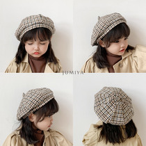 South Korean childrens hat autumn and winter Korean version Inlan plaid painter hat female baby hairy pumpkin cap anise beret