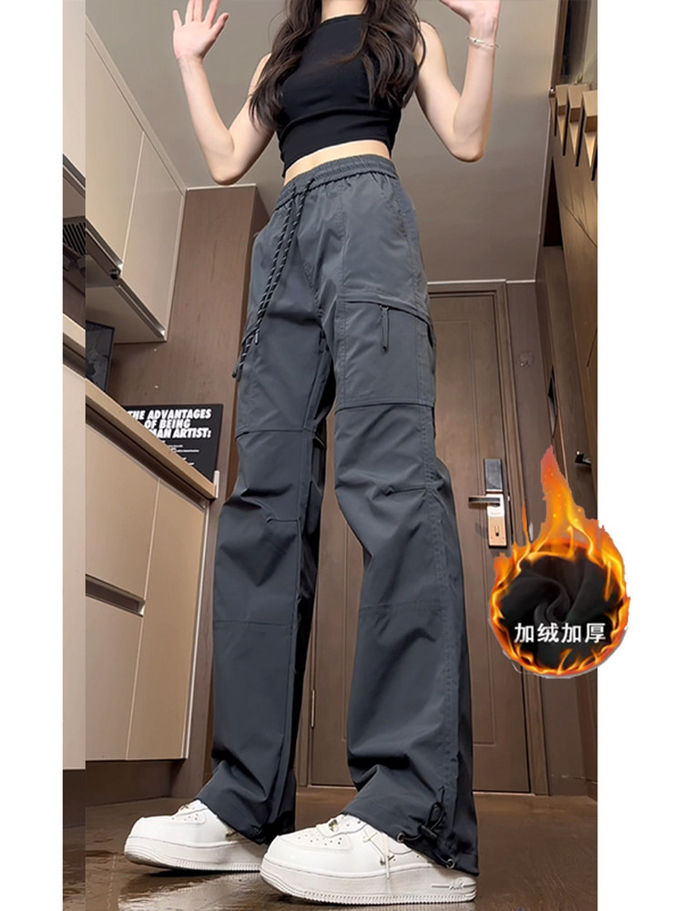 Autumn and Winter Fleece-Lined Mountain-Style Outdoor Pants for Women, Loose Fit, Slimming, Waterproof, Windproof, Casual Hiking and Trekking Cargo Pants, Trendy