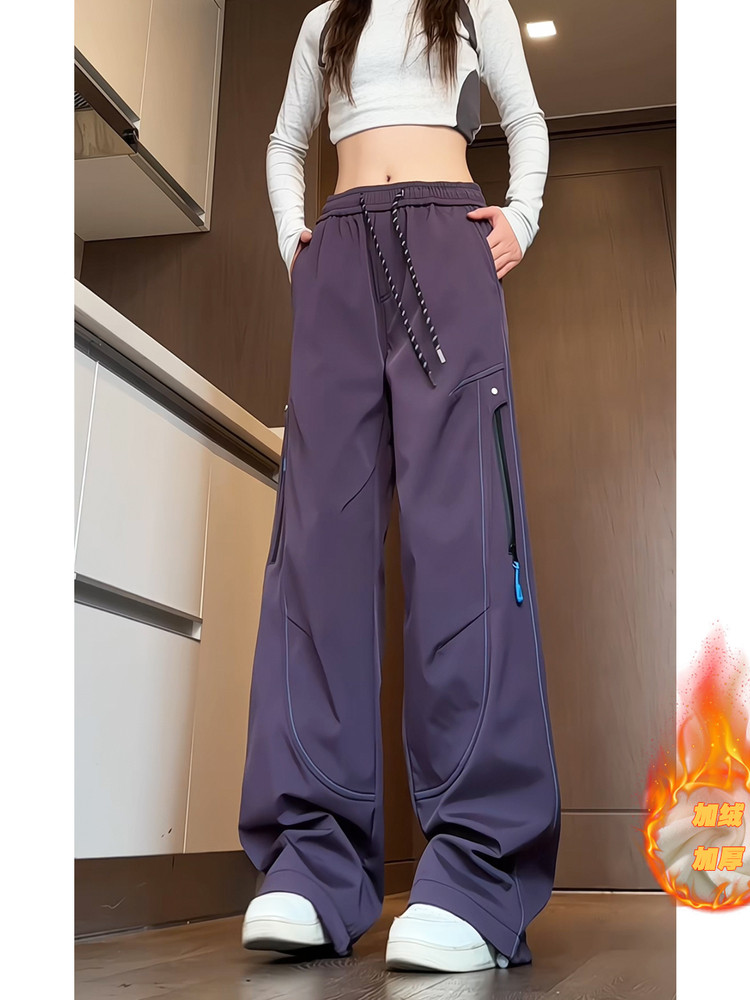 Autumn and Winter Mountain-Style Outdoor Multi-Pocket Cargo Pants for Women, Windproof and Waterproof Hiking Straight-Leg Pants, Fleece-Lined and Thickened, Couple Style