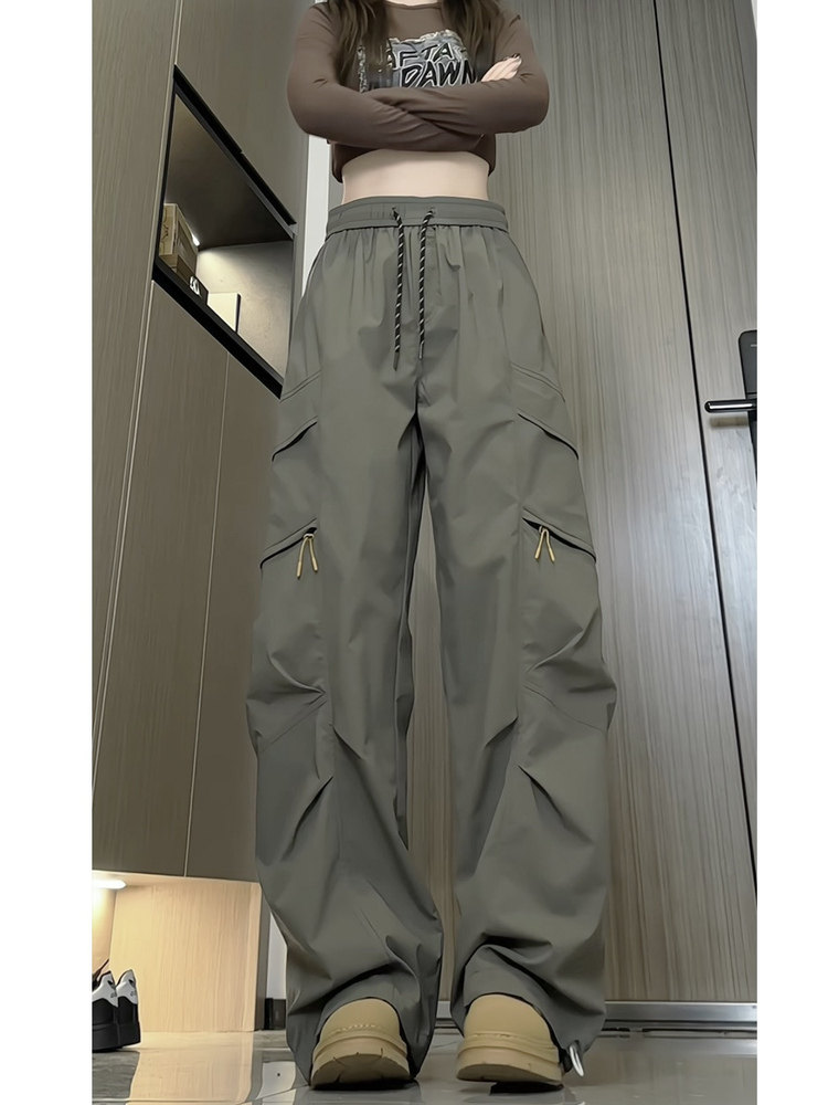 Spring and Autumn Cargo Pants, Military Green Wide-Leg Pants for Women, Mid-High Waist Drawstring Straight-Leg Pants, Loose and Drapey Casual Pants, Trendy