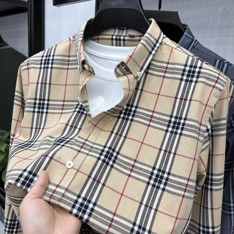 Spring and Autumn New Men's Plaid Shirt 100% Pure Cotton Lapel Khaki Shirt Youthful and Energetic Style Top for Men