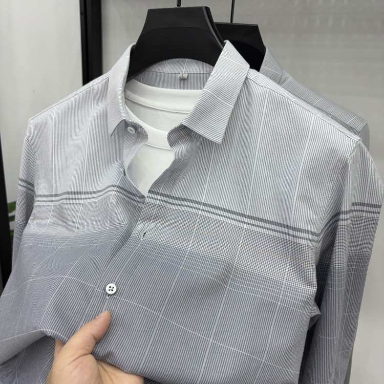 Autumn and Winter New Long-Sleeved Shirts for Men, Plaid T-Shirts, High-End 100% Pure Cotton Business Casual Non-Iron Shirts for Men