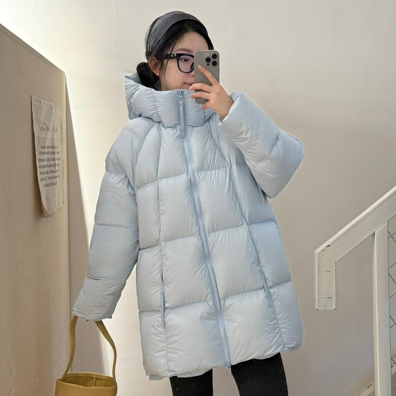 Cloud Puff down Jacket for Women, Mid-Length, New Winter Style, Petite, Thickened White Duck Down, Hooded Puffer Coat
