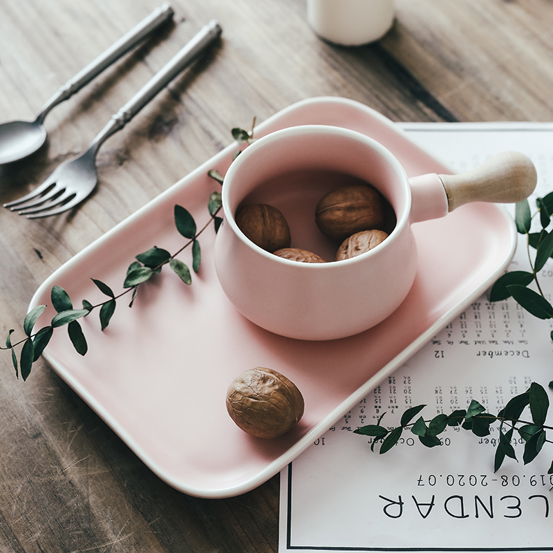 SE Nordic Ins Pure Color Ceramic Dining Room Home Breakfast Single Handle Bowl Cereal Bowl Sweet Salad Bowl Tray Suit