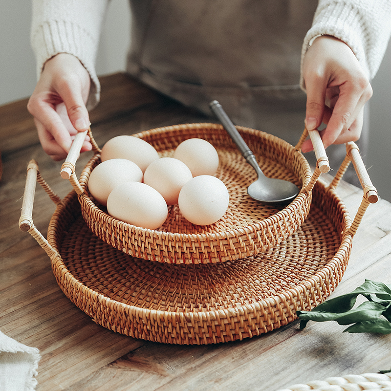 CD Shooting Props Day Style Handmade Double Ear Woven Vines Round Nursery Fruit Bread snacks Contained Basket Tea Tray
