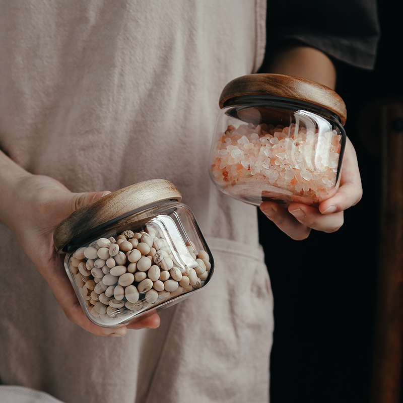 CH Japanese-style transparent storage bottle tabletop acacia wood lid round tea dried fruit snack glass sealed storage jar