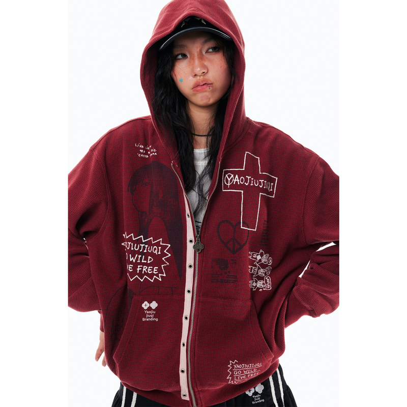 Medicine 997 Punk Girl Graffiti Book Waffle Zipper Hoodie/1997 Post Office Medicine 997 Punk Girl Graffiti Book Waffle Zipper Hoodie/1997 Post Office