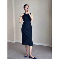 Black Hepburn style elegant slim sleeveless long skirt commuter temperament lotus leaf fishtail hip dress summer new style