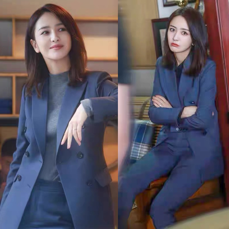 2021 Autumn/Winter Tong Liya Tong Thickened Deep Blue Wool Suit Jacket Professional Commuter Suit Suit Woman