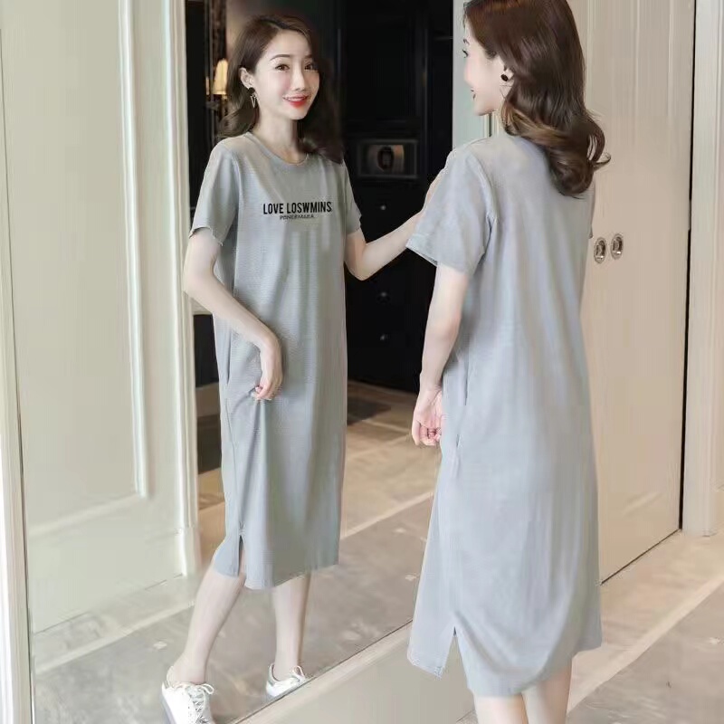 New Pure Cotton Over-The-Knee Casual Dress, Korean Style Straight Loose Fit with Pockets, Round Neck, Printed Long T-Shirt Dress, Trendy