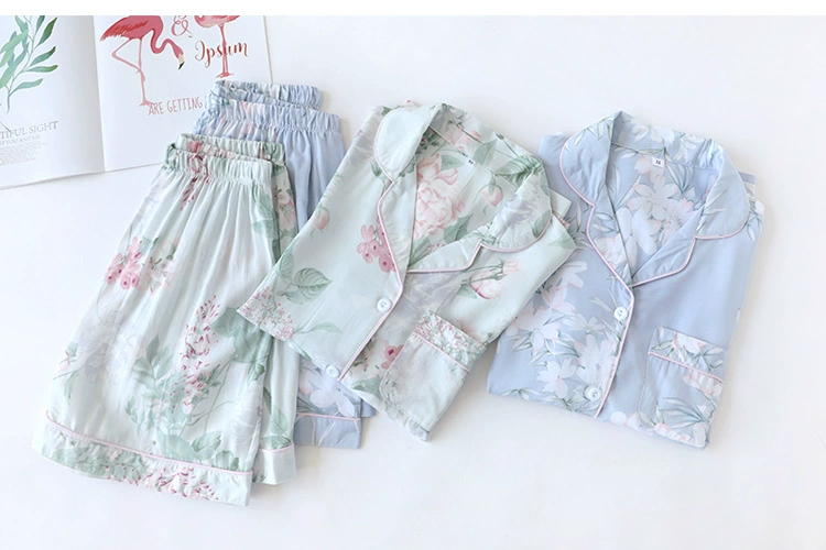 Bộ đồ ngủ bằng vải cotton của phụ nữ mùa hè cotton ngắn tay ngắn hai mảnh phù hợp với phần mỏng rayon lỏng có thể được mặc bên ngoài quần áo - Nam giới