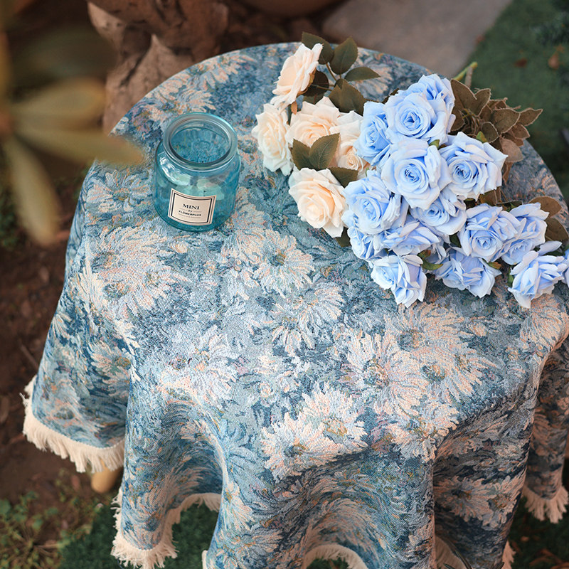 Monet Blue Floral Jacquard Tablecloth with Tassel Trim