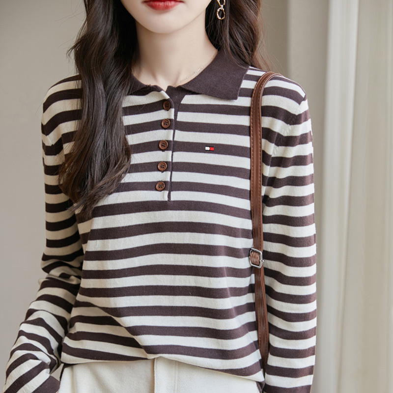 Tommy Kelly Genuine Spring Women's Casual Cotton Stripesd Slim Long-Sleeved T-Shirt Polo Shirt Knitted Bottoming Shirt