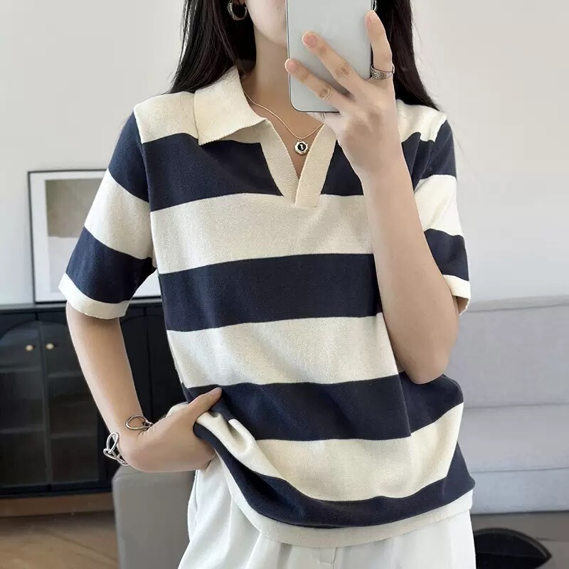 Tommy Xikaili Women's Short-Sleeved T-Shirt Summer New Knitwear Pure Cotton Retro Striped Top Polo Shirt for Women Tommy Xikaili Women's Short-Sleeved T-Shirt Summer New Knitwear Pure Cotton Retro Striped Top Polo Shirt for Women