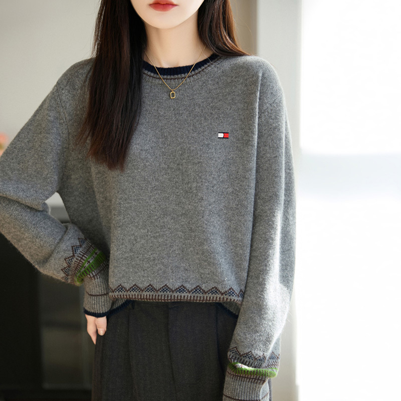 Authentic Tommy Hilfiger Women's Sweater, Loose and Stylish, Round Neck Wool Sweater, Fashionable and Versatile Knit Top