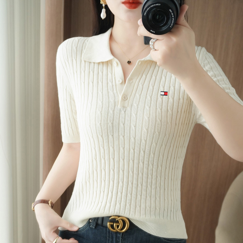 Tommy Xikaili Pure Cotton Short-Sleeve Polo Collar Knit Half-Sleeve T-Shirt Women's 2026 Fashionable and Stylish Thin T-Shirt
