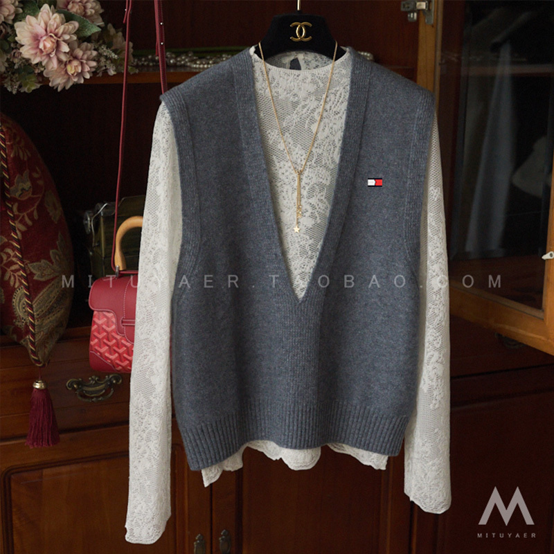 Tommy Xikaili Autumn and Winter Wool Vest Knitted Waistcoat Retro Casual V-Neck Vest Gray Sleeveless Sweater