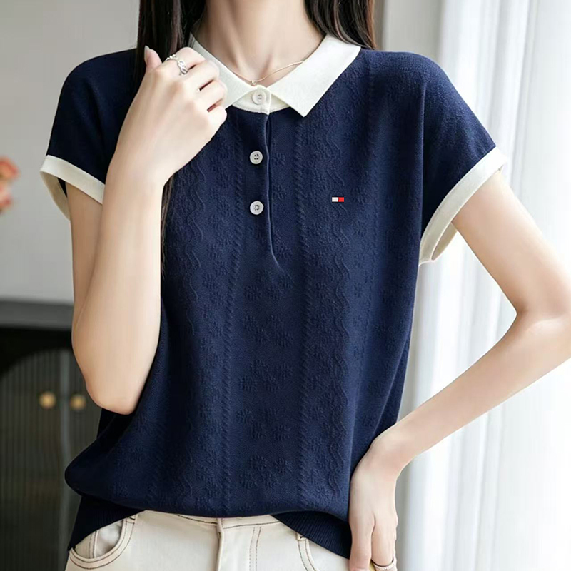 Tommy Xikaili Summer Women's Jacquard Slim-Fit Short-Sleeve T-Shirt New Style Polo Shirt Thin and Stylish Versatile Top