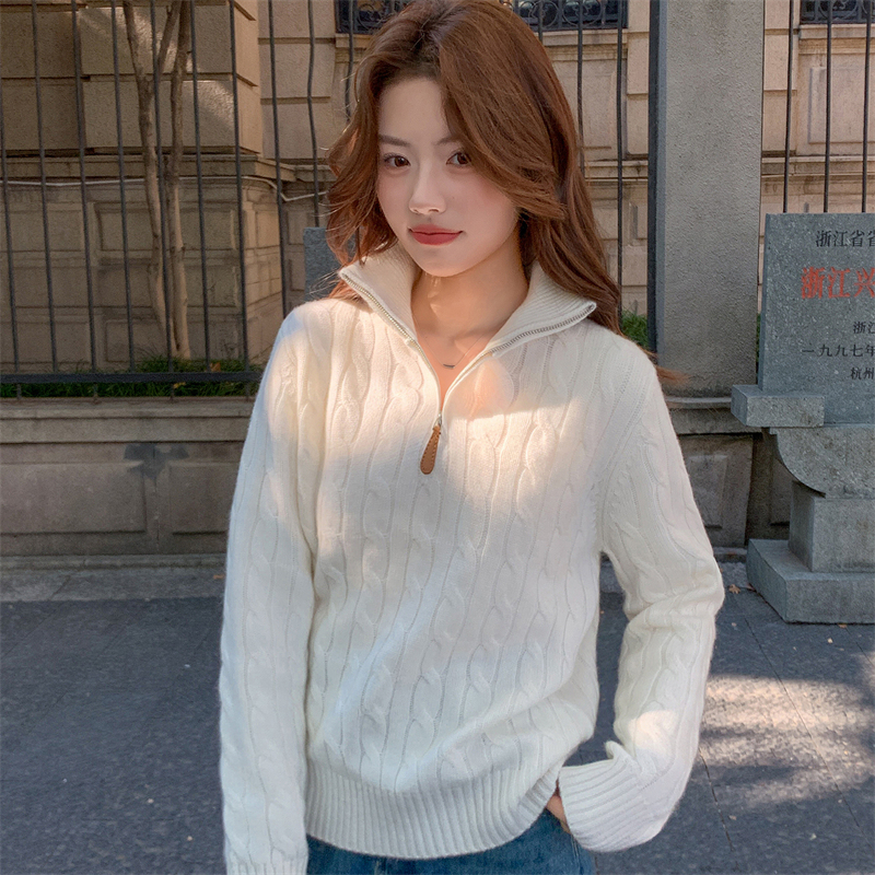 Authentic Tommy Hilfiger Women's Stand-Up Collar Zip-Up Wool Sweater Autumn and Winter Thick Knit Sweater Base Layer Authentic Tommy Hilfiger Women's Stand-Up Collar Zip-Up Wool Sweater Autumn and Winter Thick Knit Sweater Base Layer