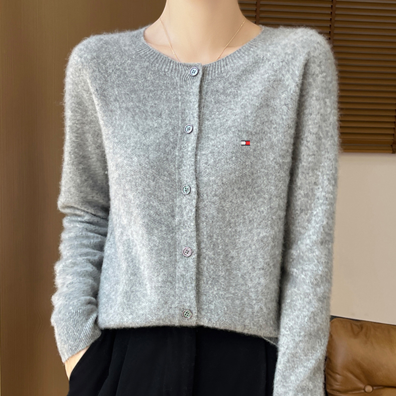 Tommy Kelly Women's Round Neck Wool Cardigan 25 Spring and Autum Knitwear Long-Sleeved Knitwear Thin Outwear for Women