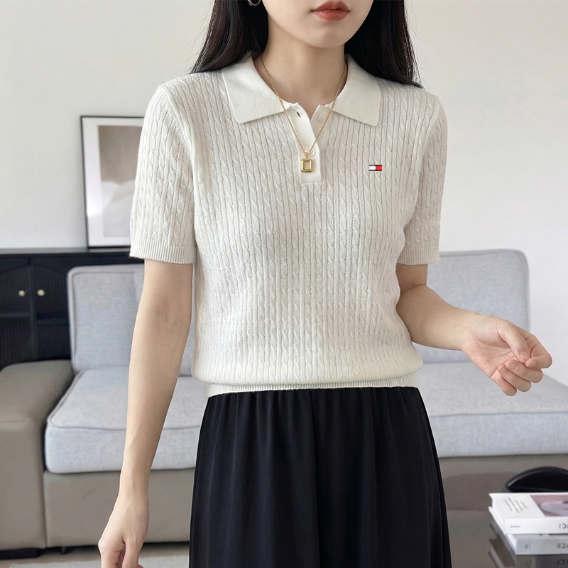 Tommy Hilfiger Spring/Summer Women's Pure Cotton Short-Sleeve T-Shirt, Solid Color Cable Knit Polo Shirt, Half-Sleeve Knit Sweater