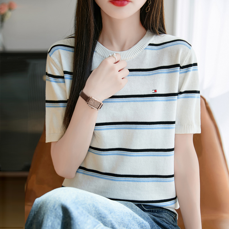 Tommy Xikaili Pure Cotton T-Shirt Summer New Striped Short-Sleeve T-Shirt All-Cotton Knit Top Women's Regular Shoulder