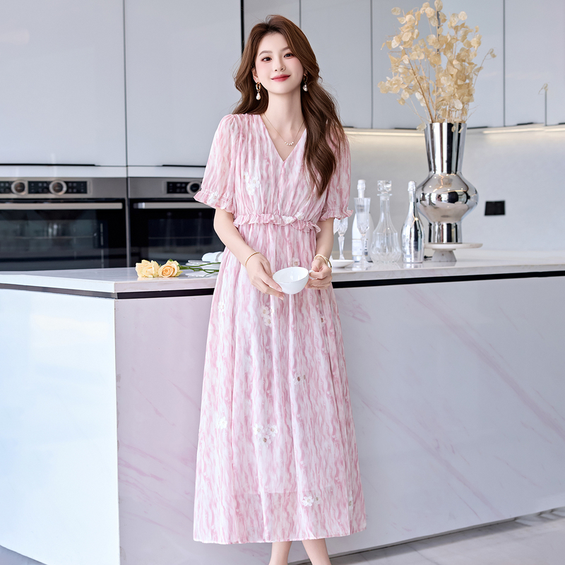 Tommy Xi Kelly Women's Mid-Length Dress, Ladylike Floral Dress, Elegant High-End Dress, Slimming Summer Long Dress