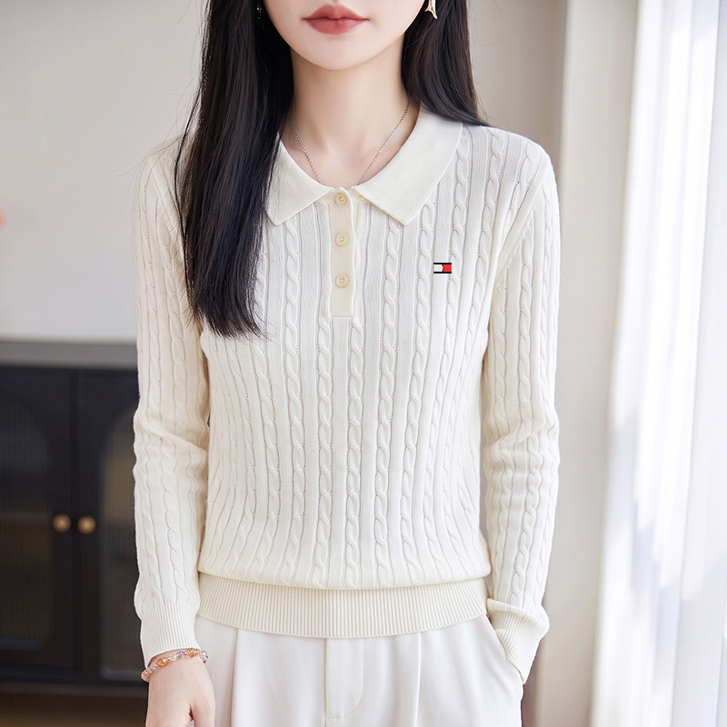 Tommy Xikaili Women's Wool Sweater, New Autumn Style, Cable Knit Knitwear, Women's Polo Collar Base Shirt