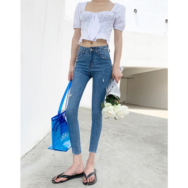 High-waisted ripped jeans for women with nine-point small feet 2023 spring, autumn and summer Korean version slimming thin pencil pants