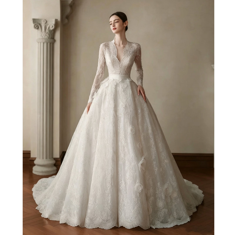 French-Style Lace Long-Sleeve Wedding Dress for Brides, 2026 New Model, High-Quality, Light Luxury, Niche Forest Style, Reception Main Gown