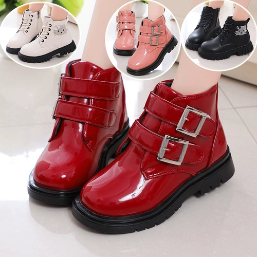 Детские демисезонные флисовые короткие сапоги, туфли для кожаной обуви для принцессы, красные ботинки для девочек, в корейском стиле