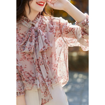 Smart and beautiful rose flower print pleated edge ribbon ruffled mulberry silk shirt sweet and fresh top