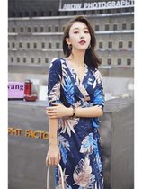 SZHZ blue genuine silk crushed floral dress with dress femininity 2022 Spring summer one-piece v collar temperament long dress
