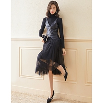 2021 autumn and winter New French two-piece temperament womens woolen gauze net set small black dress knitted dress women
